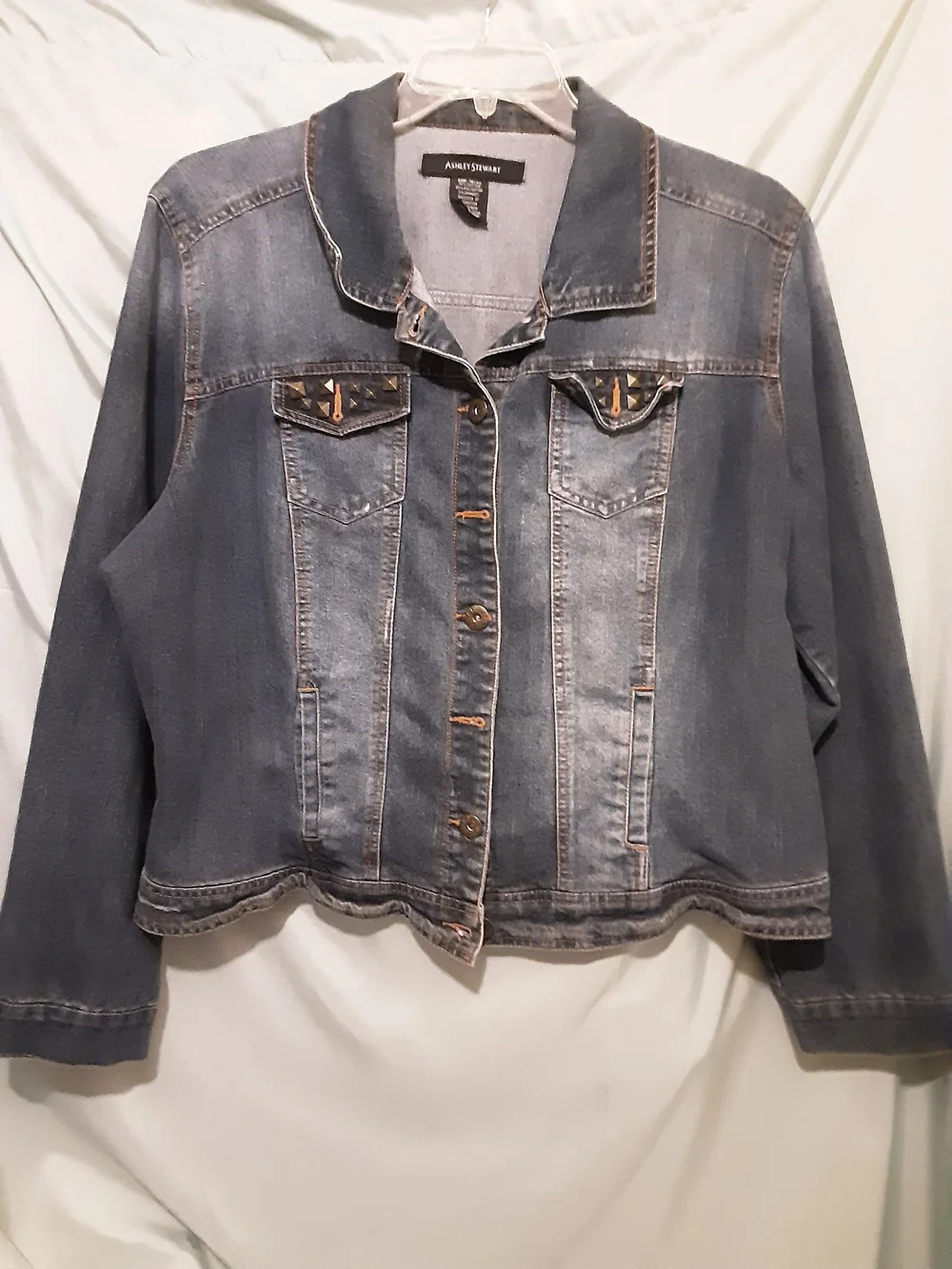 Ashley Stewart Medium Wash Denim Jacket with Contrast Stitching